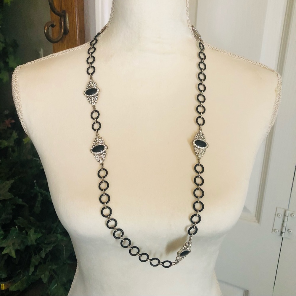 Black enamel clear rhinestone medallion accent necklace